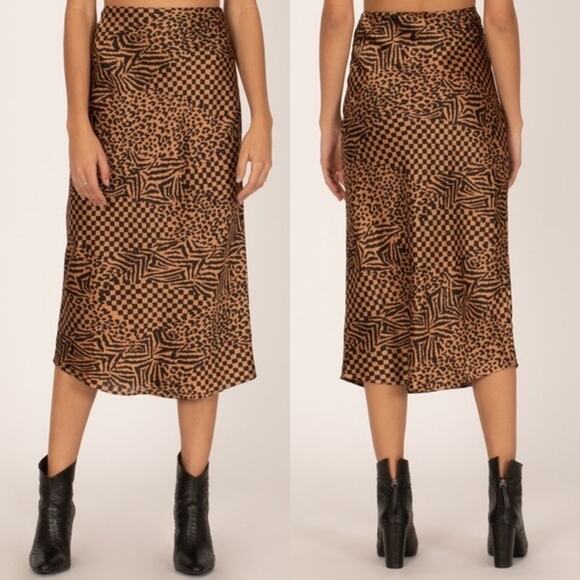 Amuse Society High Rise Midi Skirt Size S Tan Brown Black Leopard Animal Geo - Picture 2 of 9